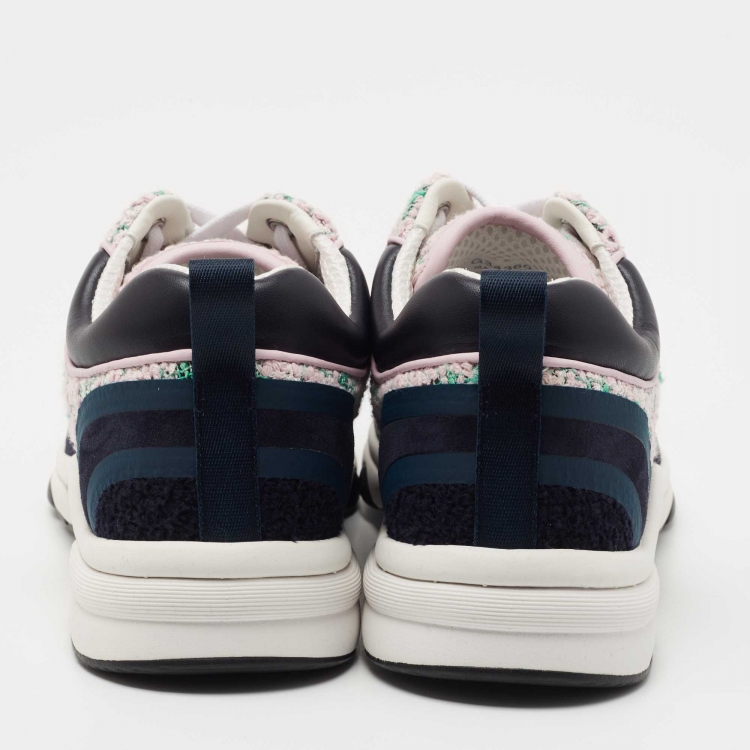 Pre Owned Chanel Navy Blue/Pink Tweed CC Low Top Sneakers Size 37.5