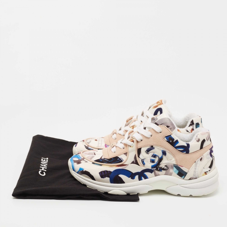 Pre Owned Chanel Multicolor CC Print Satin and Suede Low Top Sneakers Size 37.5