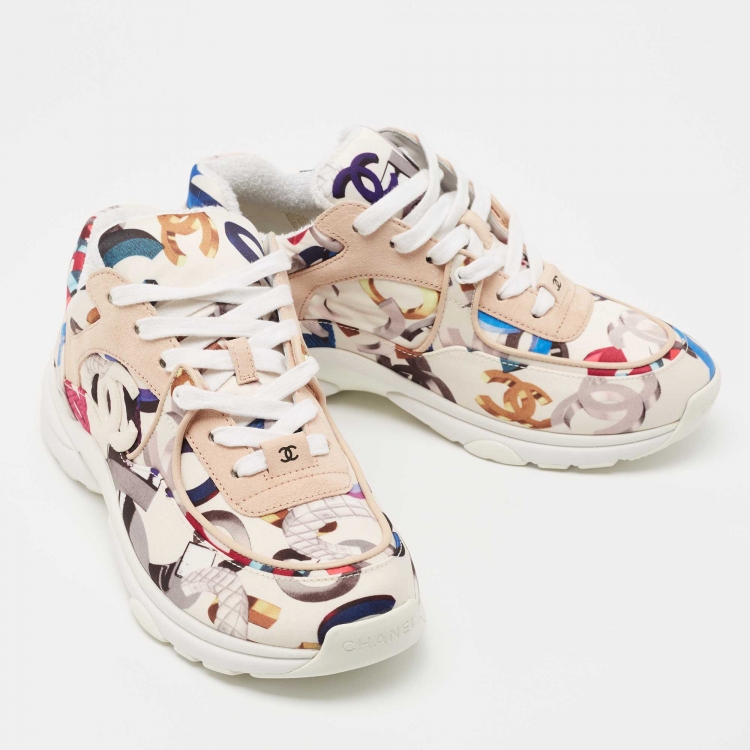 Pre Owned Chanel Multicolor CC Print Satin and Suede Low Top Sneakers Size 37.5
