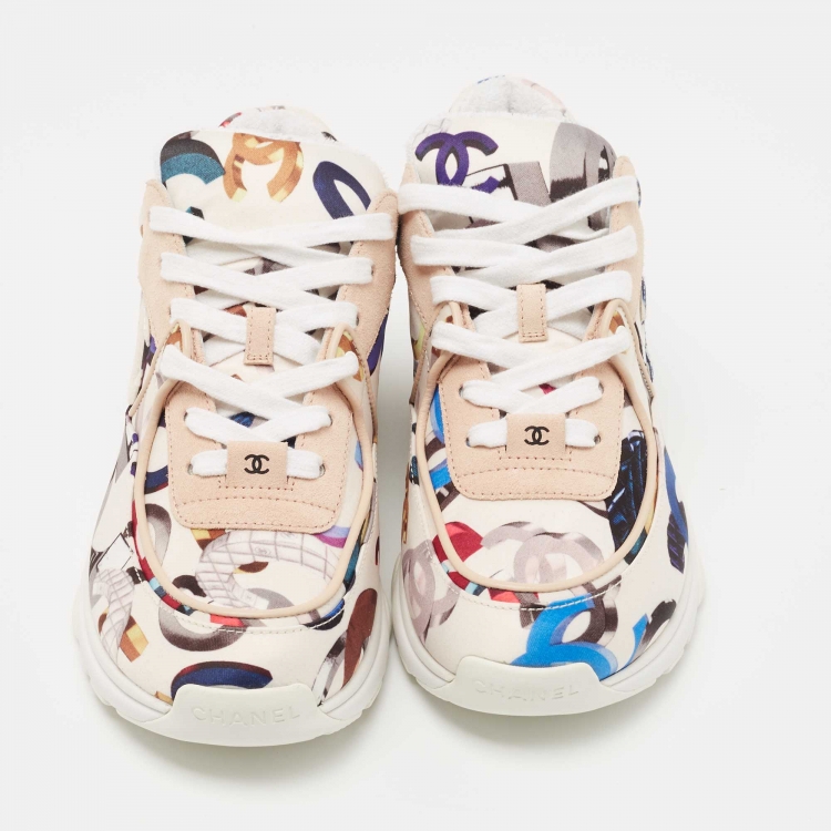 Pre Owned Chanel Multicolor CC Print Satin and Suede Low Top Sneakers Size 37.5