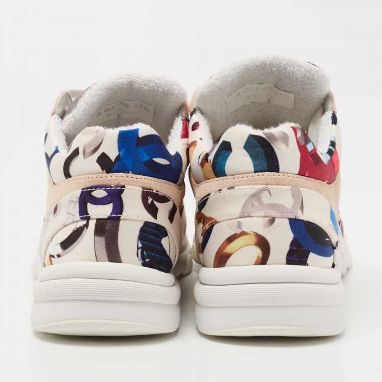 Pre Owned Chanel Multicolor CC Print Satin and Suede Low Top Sneakers Size 37.5