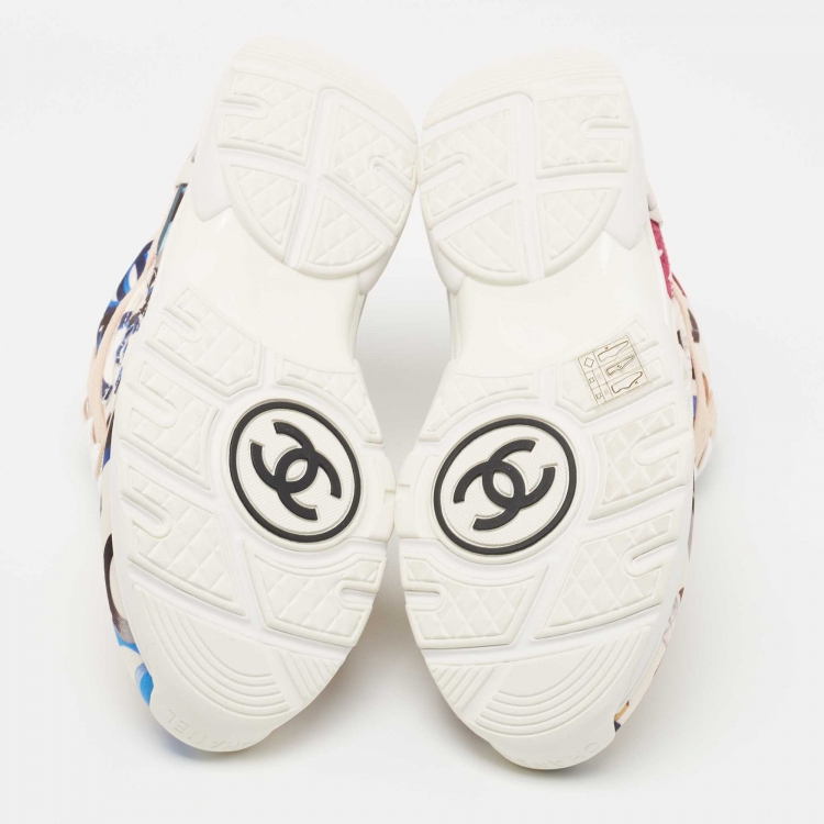 Pre Owned Chanel Multicolor CC Print Satin and Suede Low Top Sneakers Size 37.5