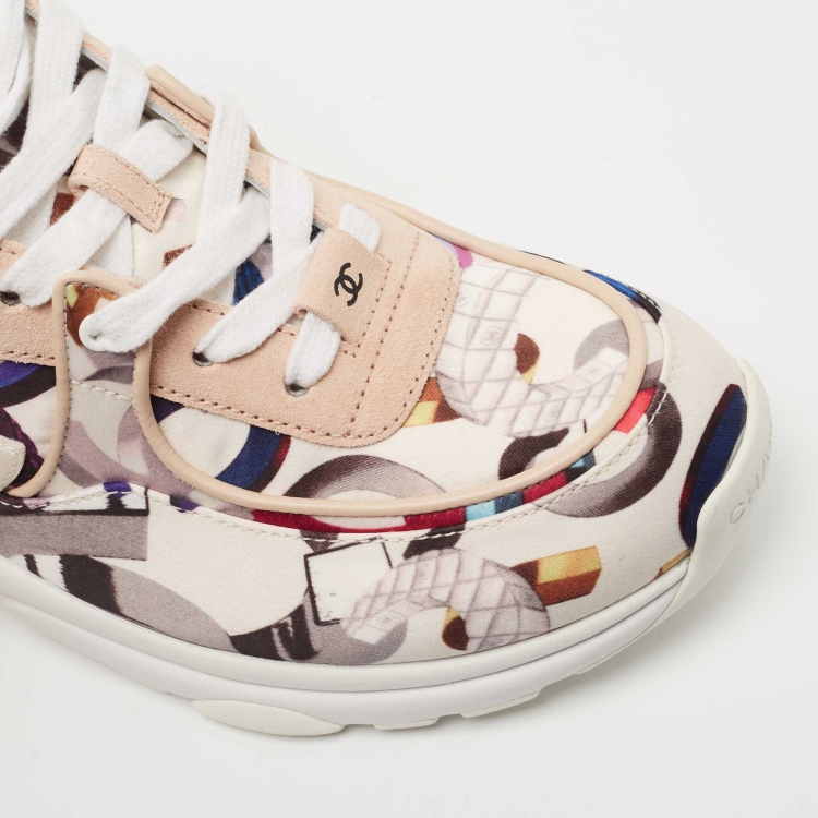 Pre Owned Chanel Multicolor CC Print Satin and Suede Low Top Sneakers Size 37.5