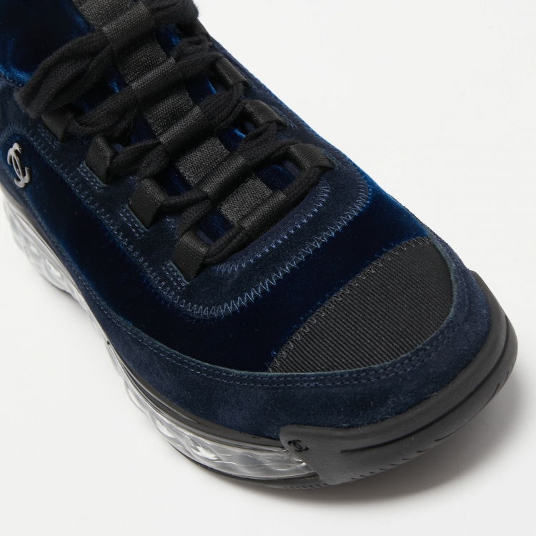 Pre Owned Chanel Navy Blue Velvet and Suede CC Low Top Sneakers Size 37