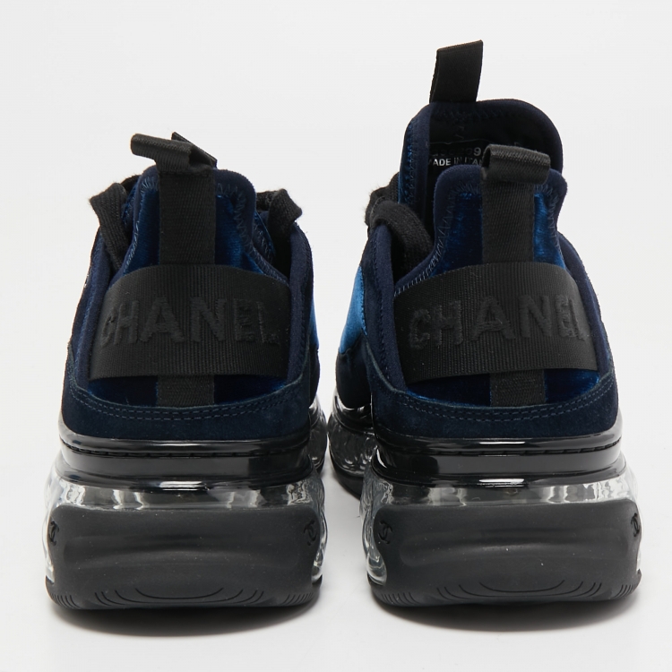 Pre Owned Chanel Navy Blue Velvet and Suede CC Low Top Sneakers Size 37