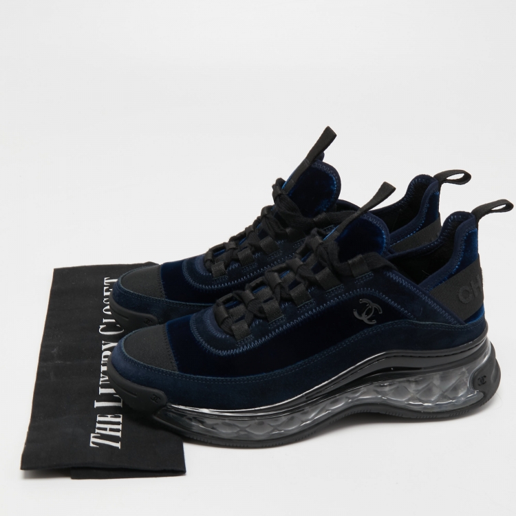 Pre Owned Chanel Navy Blue Velvet and Suede CC Low Top Sneakers Size 37