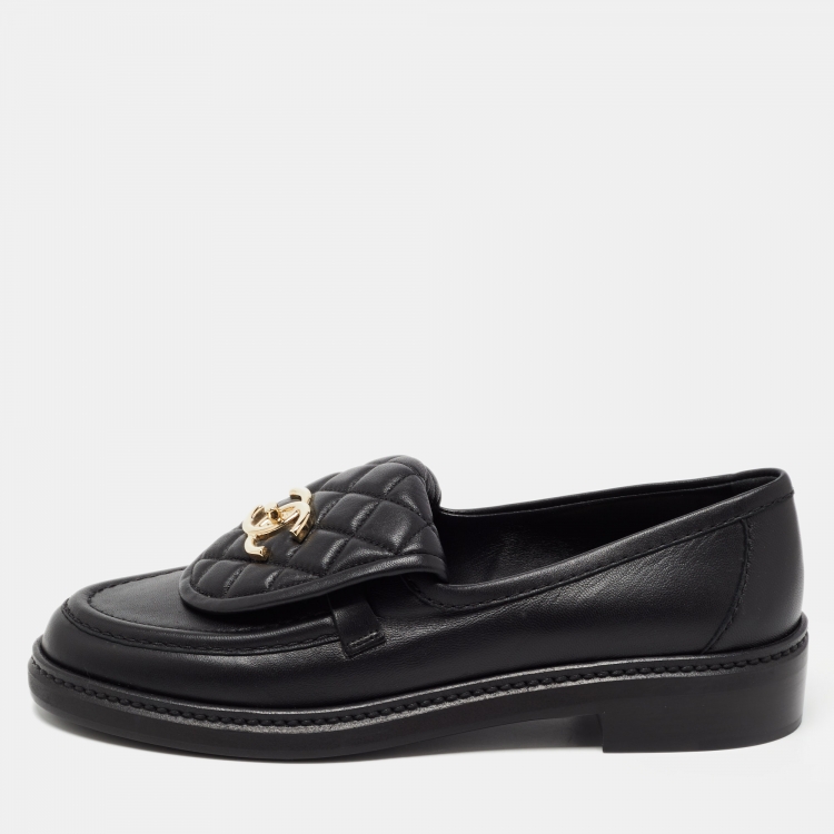 Pre Owned Chanel Black Leather and Quilted Flap Turn Lock CC Loafers Size 37
