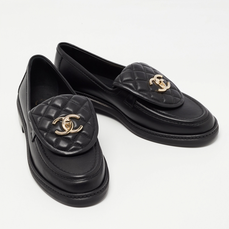 Pre Owned Chanel Black Leather and Quilted Flap Turn Lock CC Loafers Size 37