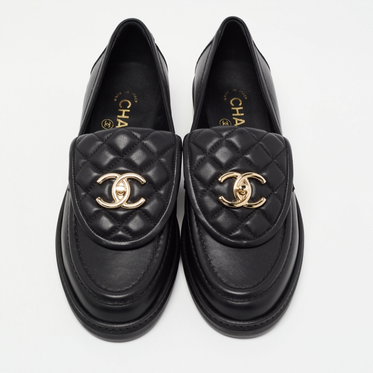Pre Owned Chanel Black Leather and Quilted Flap Turn Lock CC Loafers Size 37