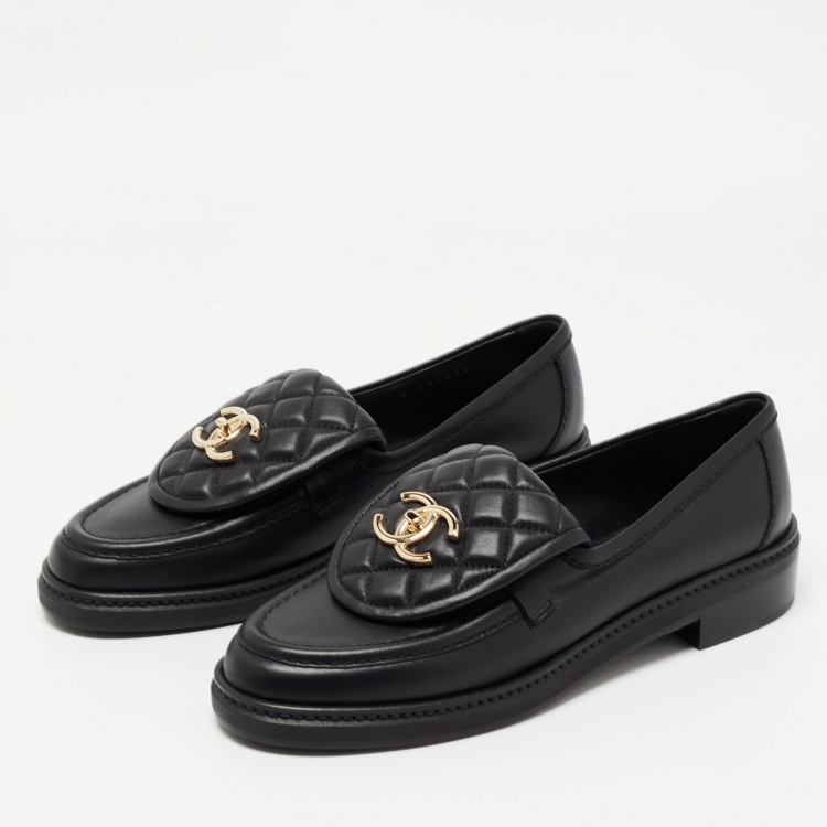 Chanel Black Leather and Quilted Flap Turn Lock CC Loafers Size 37