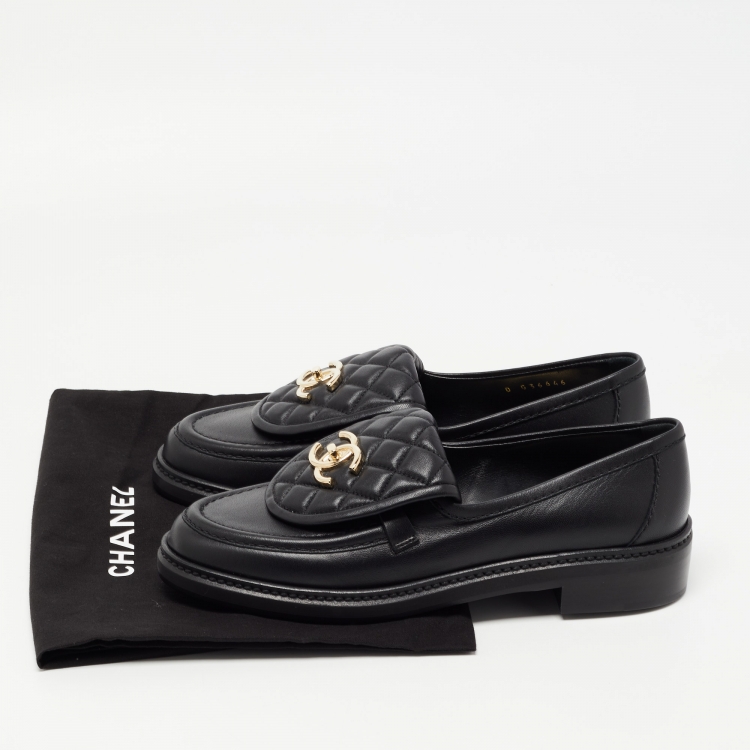 Pre Owned Chanel Black Leather and Quilted Flap Turn Lock CC Loafers Size 37