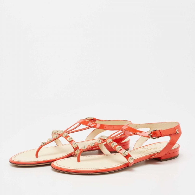 Pre Owned Chanel Orange Patent Leather CC Camellia Studs Thong Flats Size 37.5 