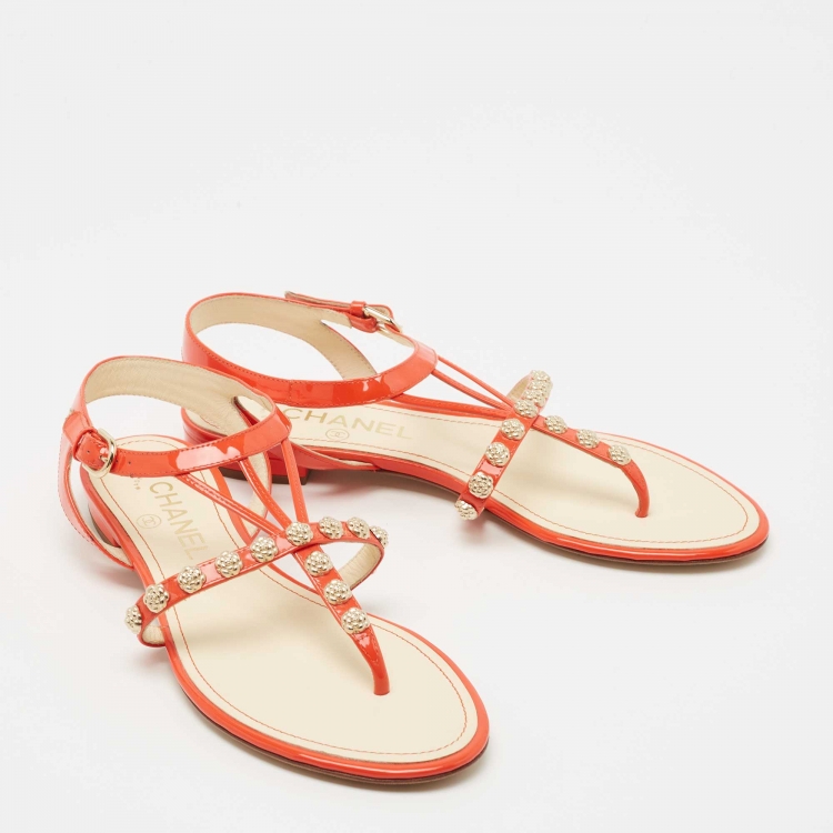 Pre Owned Chanel Orange Patent Leather CC Camellia Studs Thong Flats Size 37.5 