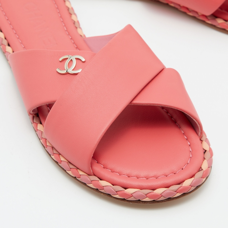 Pre Owned Chanel Peach Leather Braided Trim Criss Cross CC Flat Slides Size 36