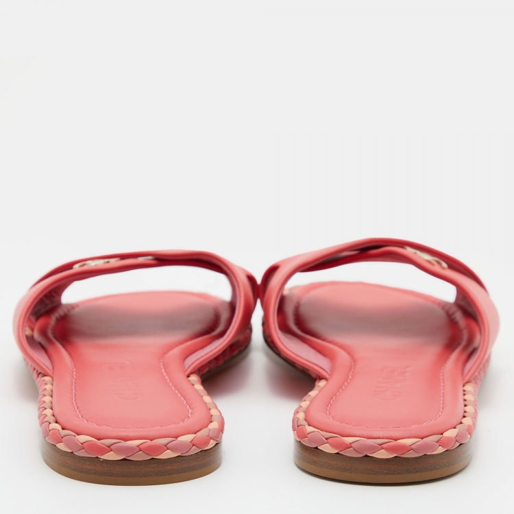 Pre Owned Chanel Peach Leather Braided Trim Criss Cross CC Flat Slides Size 36