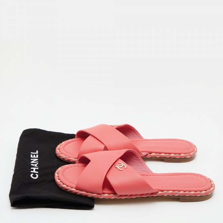 Pre Owned Chanel Peach Leather Braided Trim Criss Cross CC Flat Slides Size 36