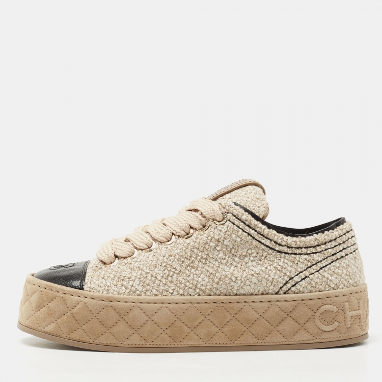 Chanel Beige/ Black Tweed and Leather Cap Toe CC Low Top Sneakers Size 39.5  Chanel | The Luxury Closet