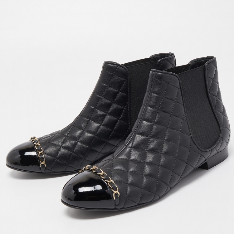Chanel Black Quilted Leather and Patent Cap Toe Chain Detail Ankle