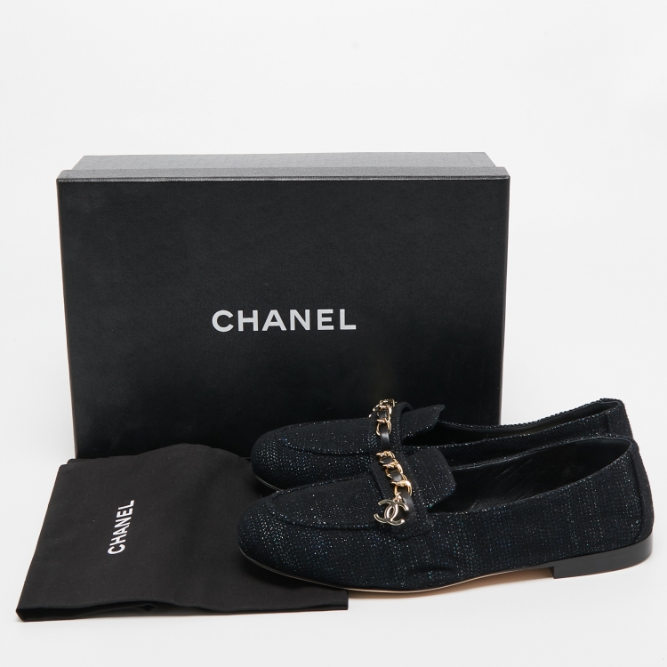 Pre Owned Chanel Black Tweed And Leather Chain Charms Cap Toe Smoking Slippers Size 39