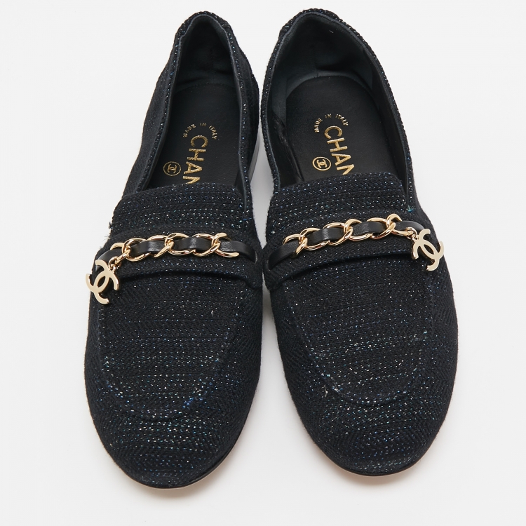 Pre Owned Chanel Black Tweed And Leather Chain Charms Cap Toe Smoking Slippers Size 39