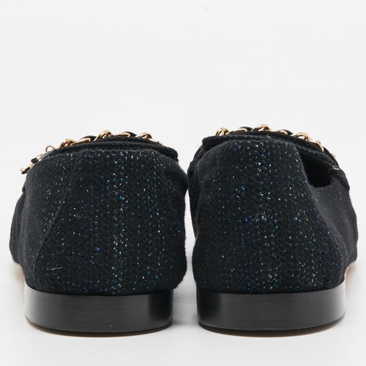 Pre Owned Chanel Black Tweed And Leather Chain Charms Cap Toe Smoking Slippers Size 39