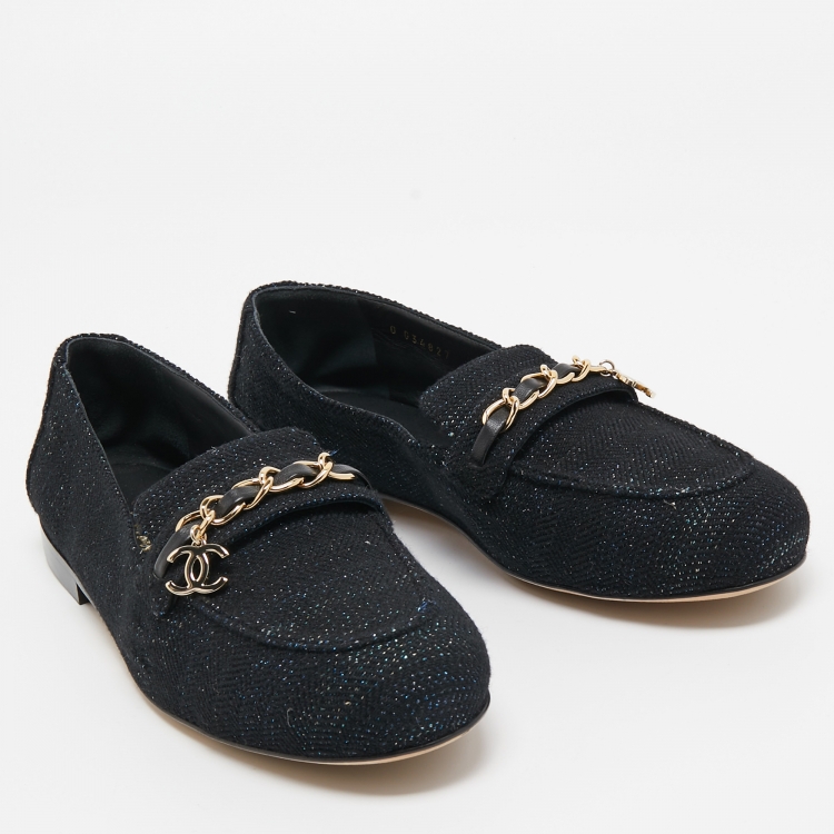 Pre Owned Chanel Black Tweed And Leather Chain Charms Cap Toe Smoking Slippers Size 39