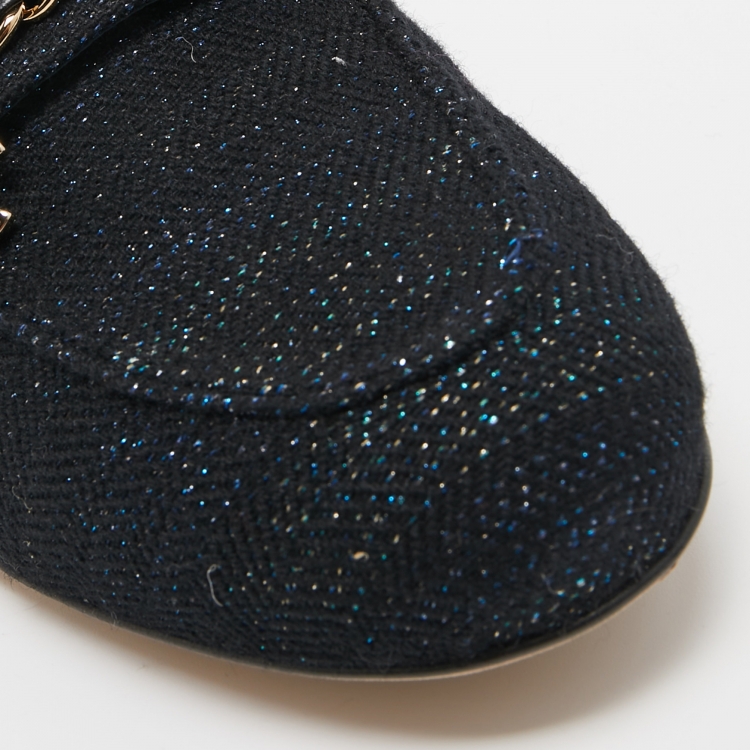 Pre Owned Chanel Black Tweed And Leather Chain Charms Cap Toe Smoking Slippers Size 39