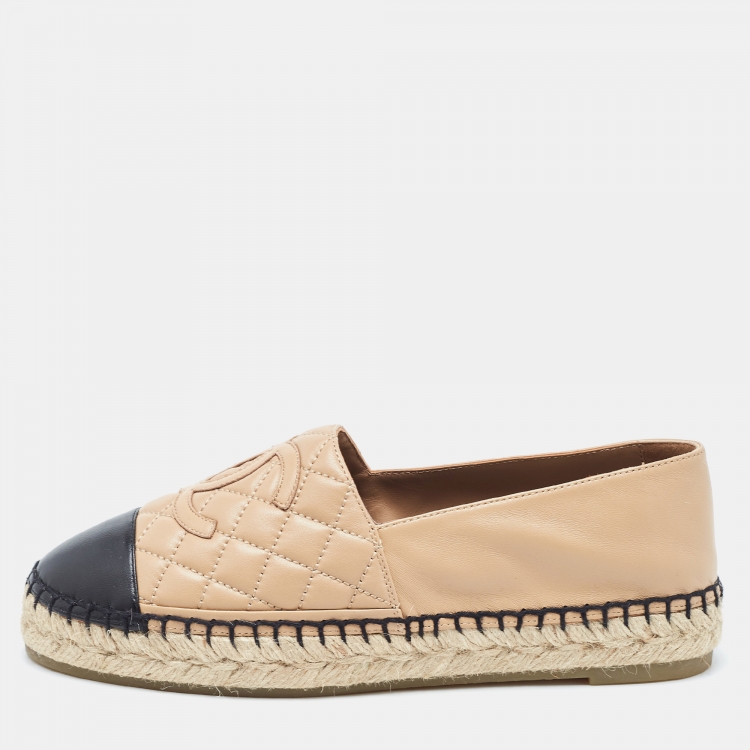 Chanel Beige/Black Leather CC Quilted Espadrilles Flats Size 39
