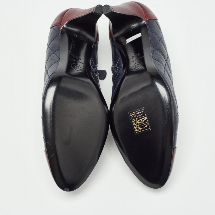 Pre Owned Chanel Blue/Burgundy Leather Interlocking CC Logo Boots Size 38.5