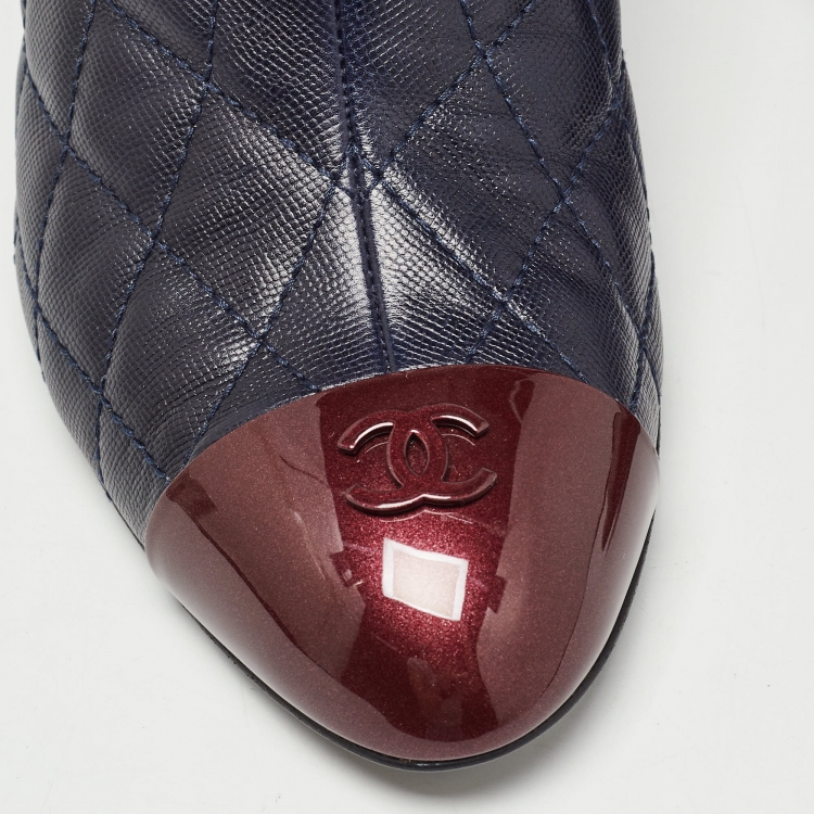 Pre Owned Chanel Blue/Burgundy Leather Interlocking CC Logo Boots Size 38.5