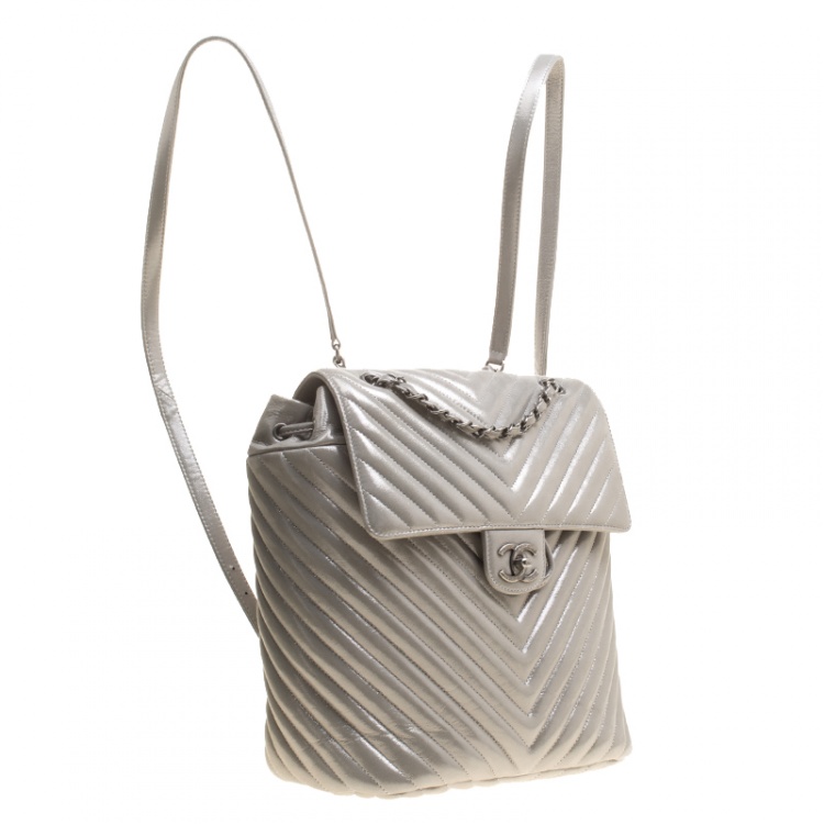 Pre Owned Chanel Silver Chevron Quilted Leather Urban Spirit Backpack