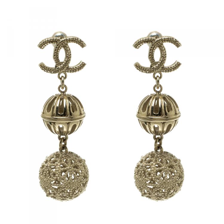 Chanel CC Filigree Ball Gold Tone Drop Earrings Chanel