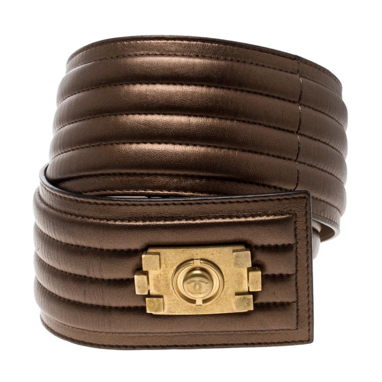 Pre Owned Chanel Bronze Striped Leather Waist Boy Belt 90cm