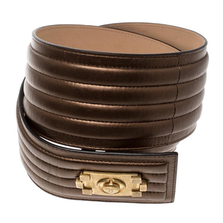 Pre Owned Chanel Bronze Striped Leather Waist Boy Belt 90cm
