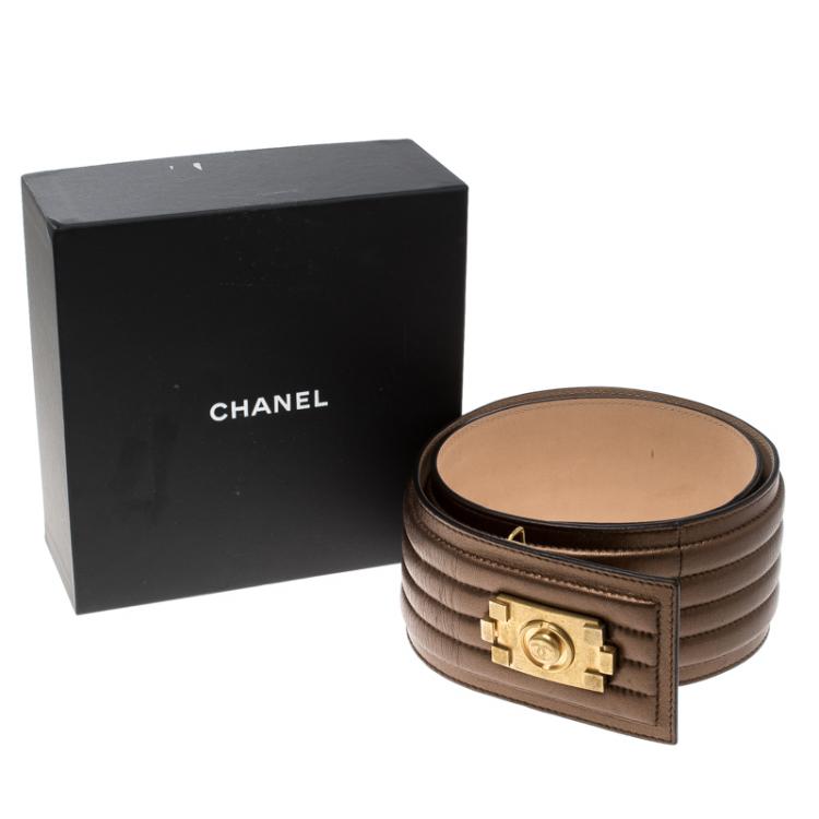 Pre Owned Chanel Bronze Striped Leather Waist Boy Belt 90cm