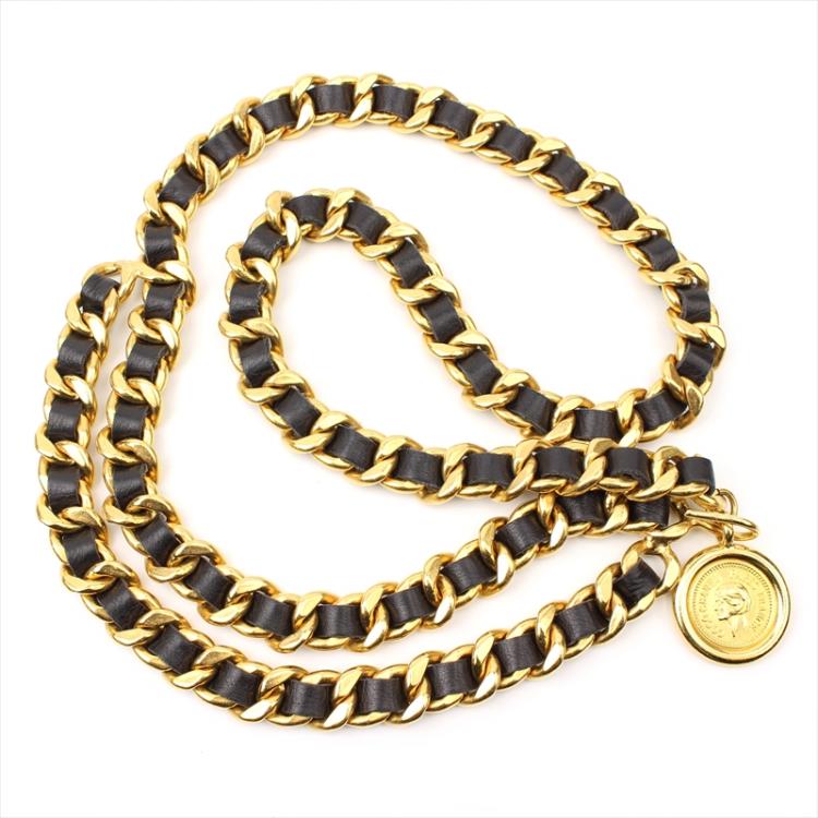 Pre Owned Chanel Black Leather CC Medallion Chain Belt