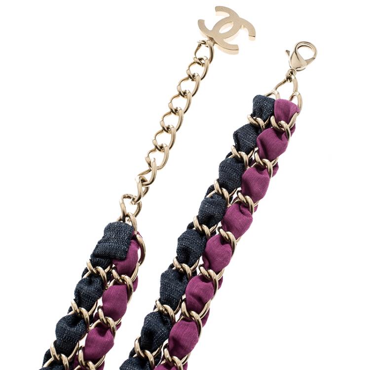 Pre Owned Chanel CC Two Tone Fabric Blend Woven Gold Tone Chain Belt