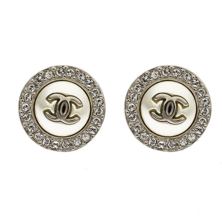Chanel CC Faux Pearl Crystal Round Stud Earrings Chanel | The Luxury Closet