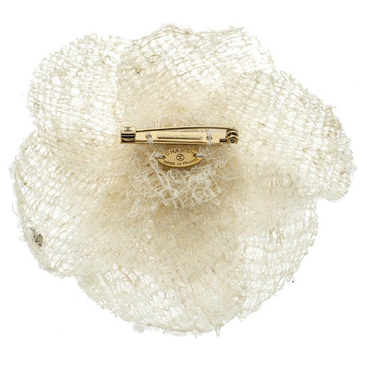 Chanel White Camellia Tweed Flower Pin Brooch Chanel