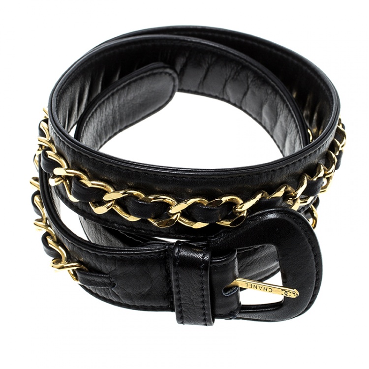 Pre Owned Chanel Black Leather Classic Chain Belt 70cm