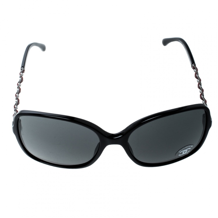Chanel Black 5210-Q Tortoise Shell Chain Detail Square Sunglasses