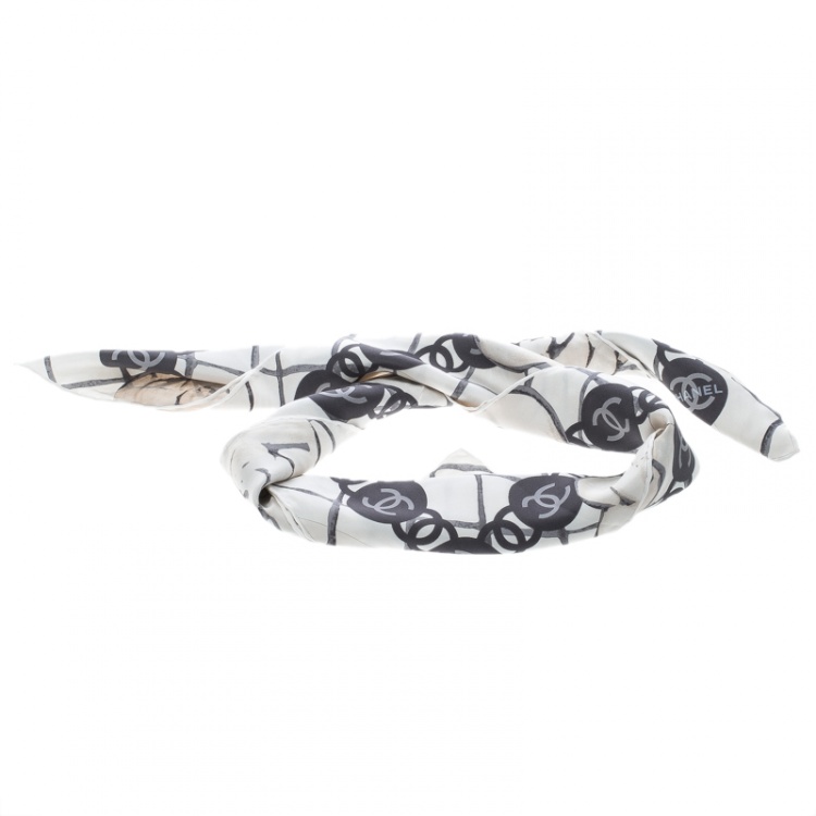 Pre Owned Chanel Off White Camellia and CC Logo Print Silk Square Scarf