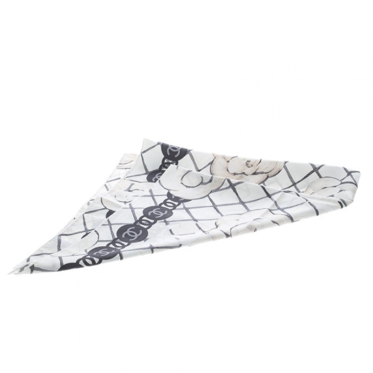 Pre Owned Chanel Off White Camellia and CC Logo Print Silk Square Scarf