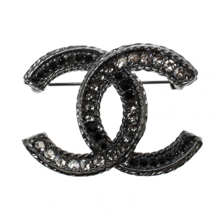 Chanel CC Crystal Embellished Silver Tone Pin Brooch Chanel