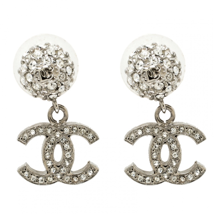 Chanel CC Crystal Studded Silver Tone Drop Earrings Chanel | The Luxury  Closet