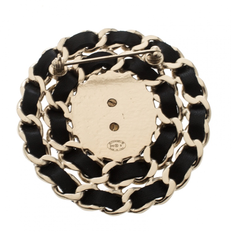 Chanel Black Leather Chainlink CC Pin Brooch Chanel