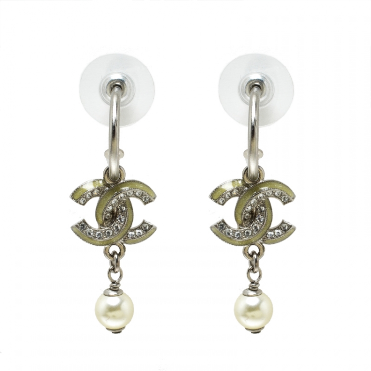 Chanel CC Enamel Crystal & Faux Pearl Silver Tone Drop Earrings Chanel |  The Luxury Closet