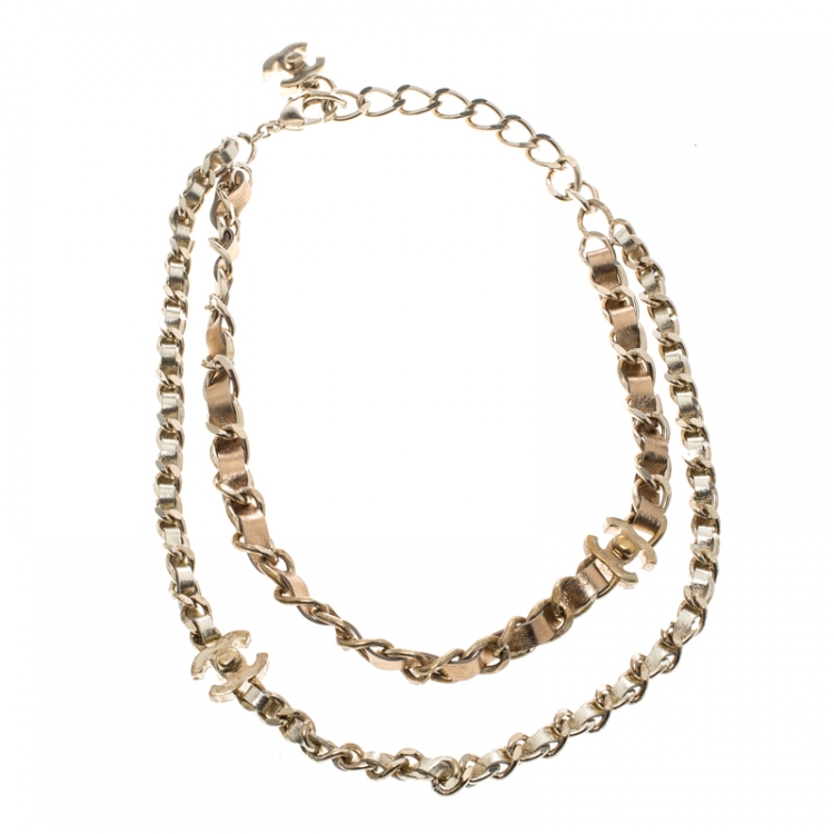 CHANEL CC Gold Metal Turnlock Double Chain Link Necklace For Sale