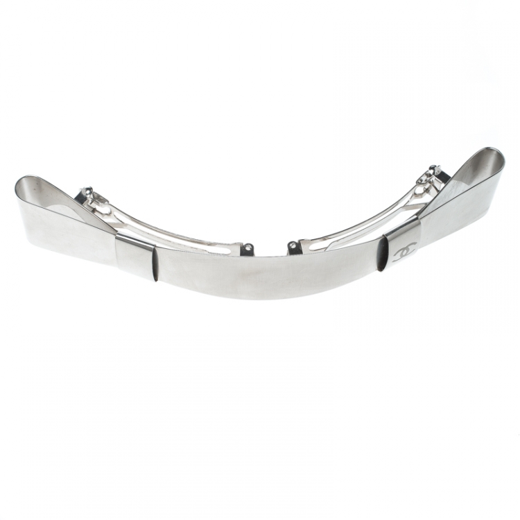 Pre Owned Chanel CC Double Bow Silver Tone Barrette Hair Clip