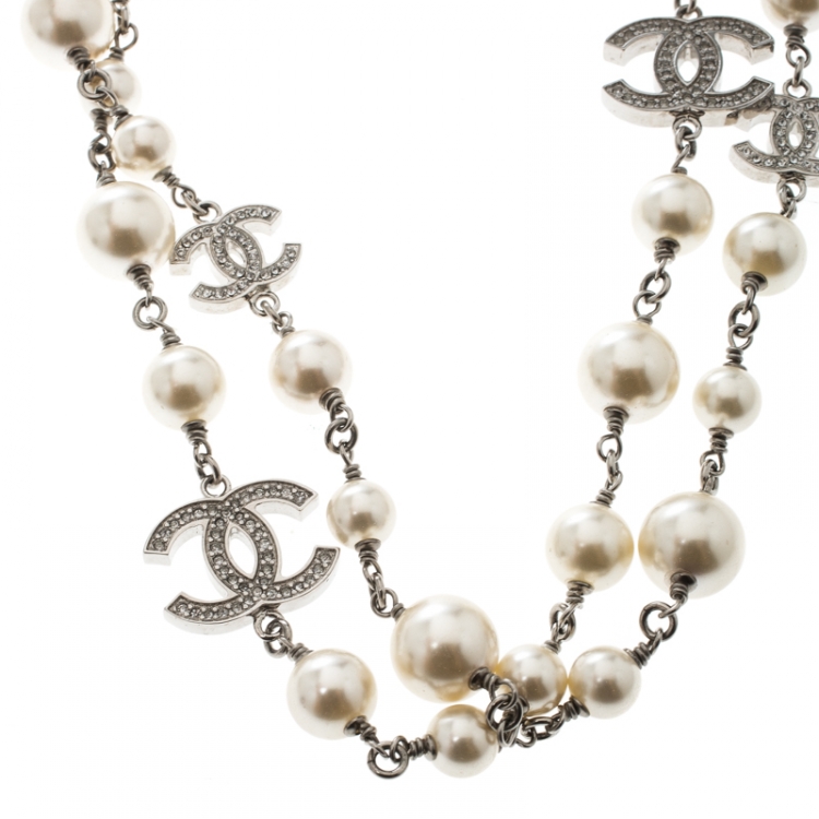 Chanel Silver Cc Faux Pearl Crystal Tone Long Necklace  MyDesignerly